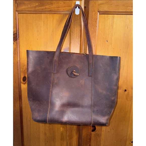Leather Tote Bag Purse Double Top Handle Shoulder Brown Distressed Boho Minimal - Picture 1 of 16